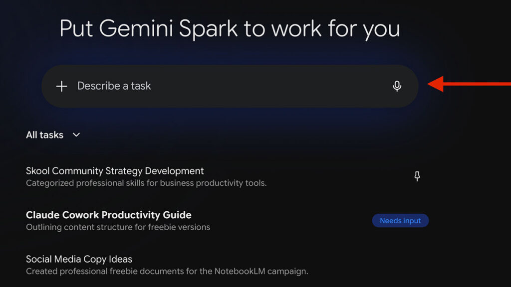 Gemini spark how to create your first task in dashboard